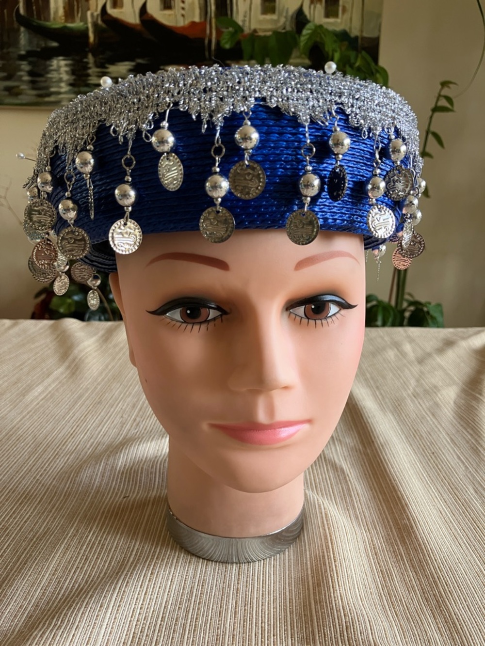 Chic Royal Blue Pillbox Hat With Metallic Silver Beaded Coin Trim